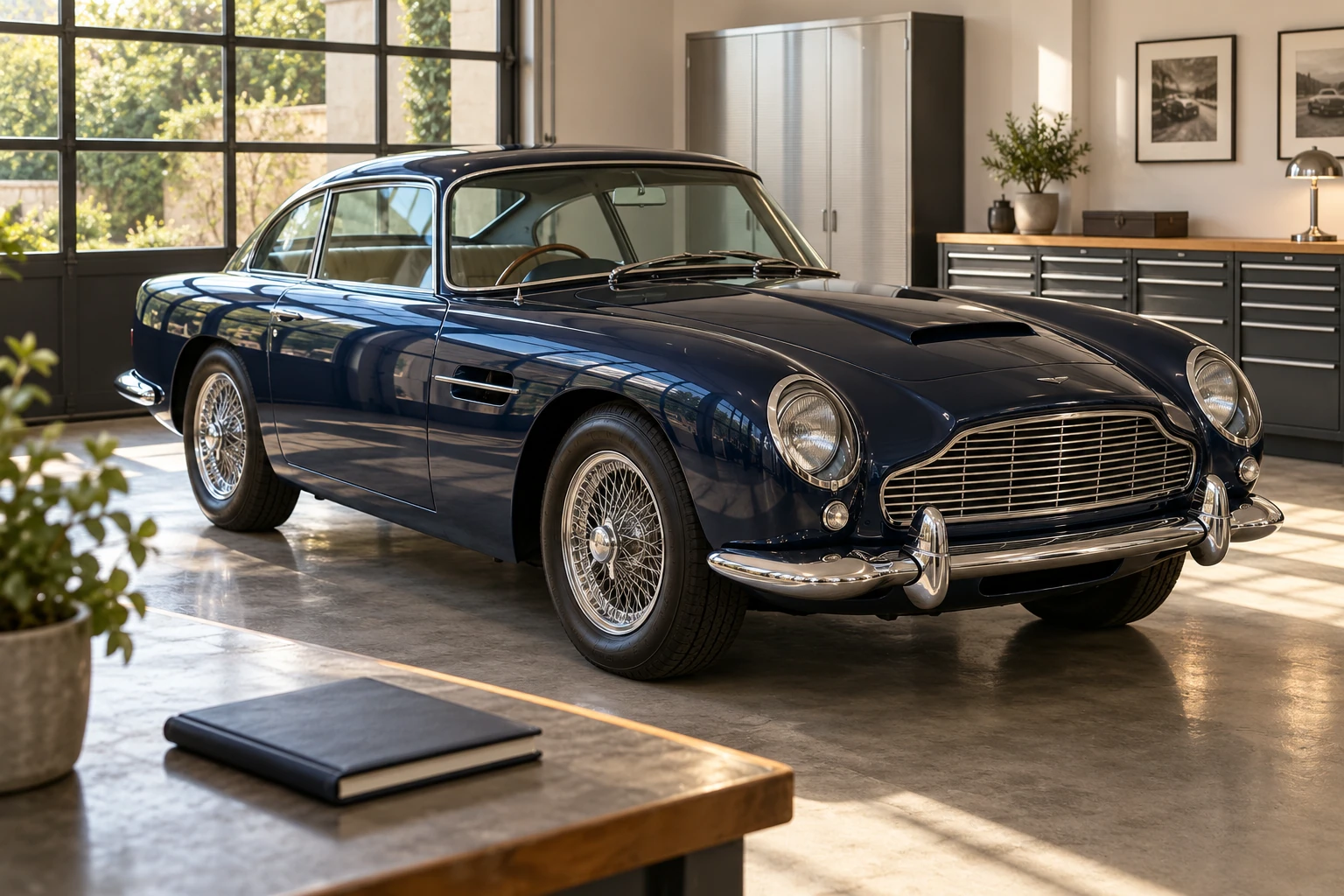Voiture de collection bleue garée dans un garage propre et lumineux, jantes filaires