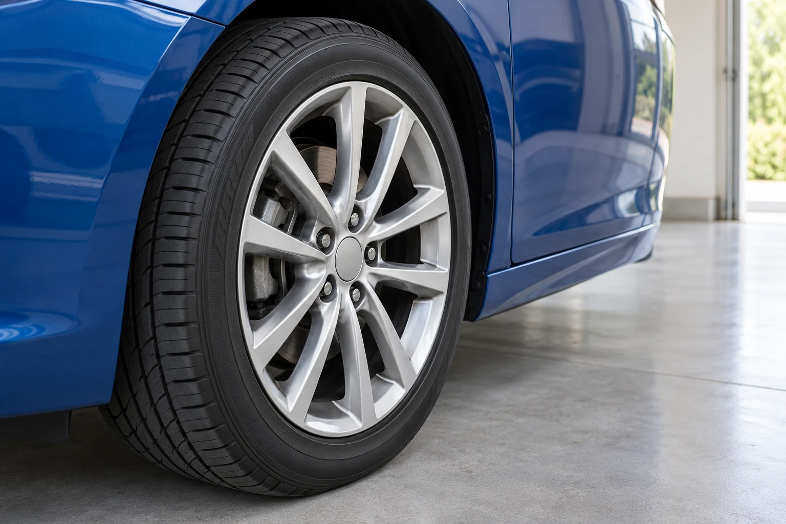 Gros plan roue avant d'une voiture bleue garée sur sol béton lisse
