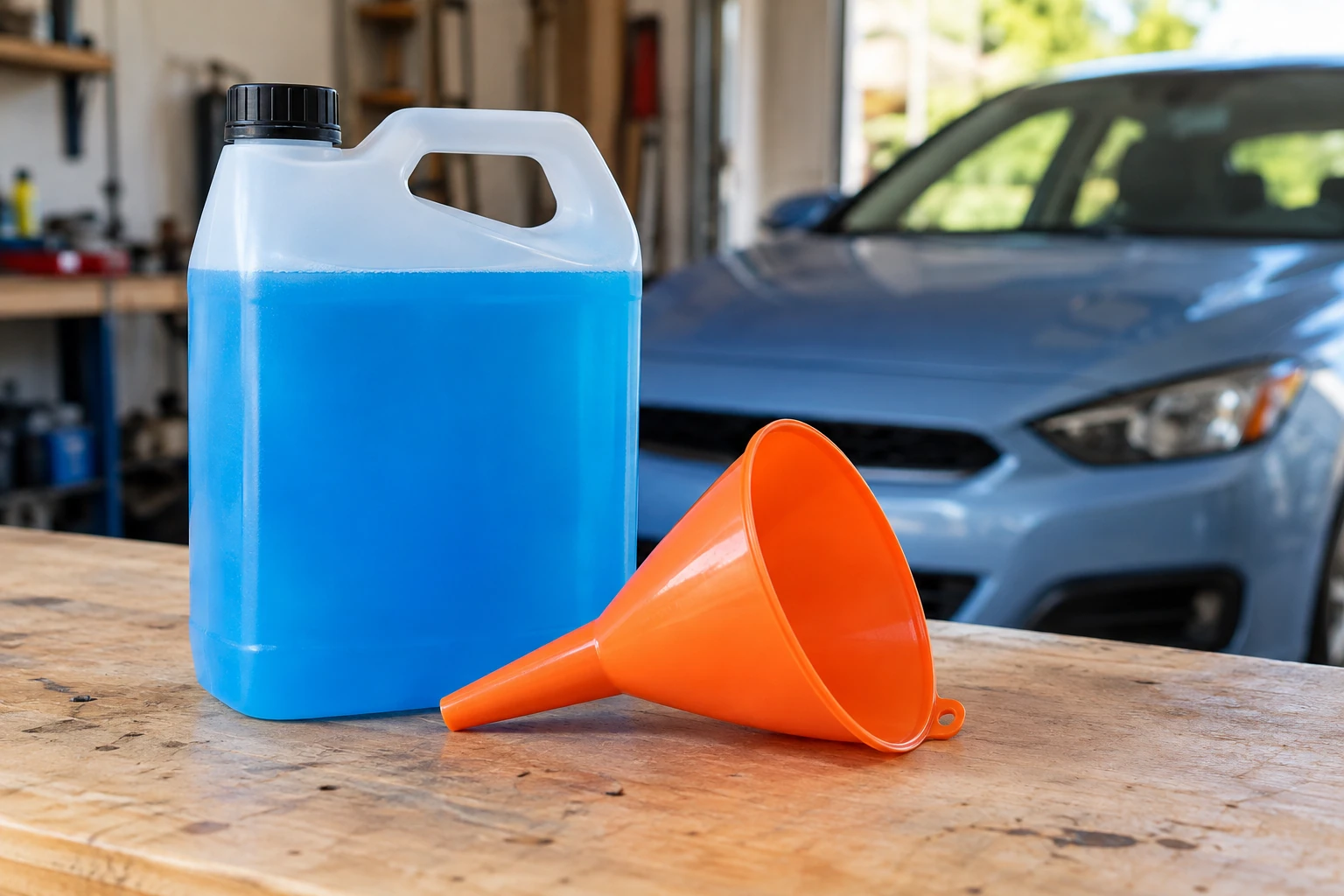 Bidon de liquide lave-glace bleu et entonnoir orange sur établi, voiture en arrière-plan