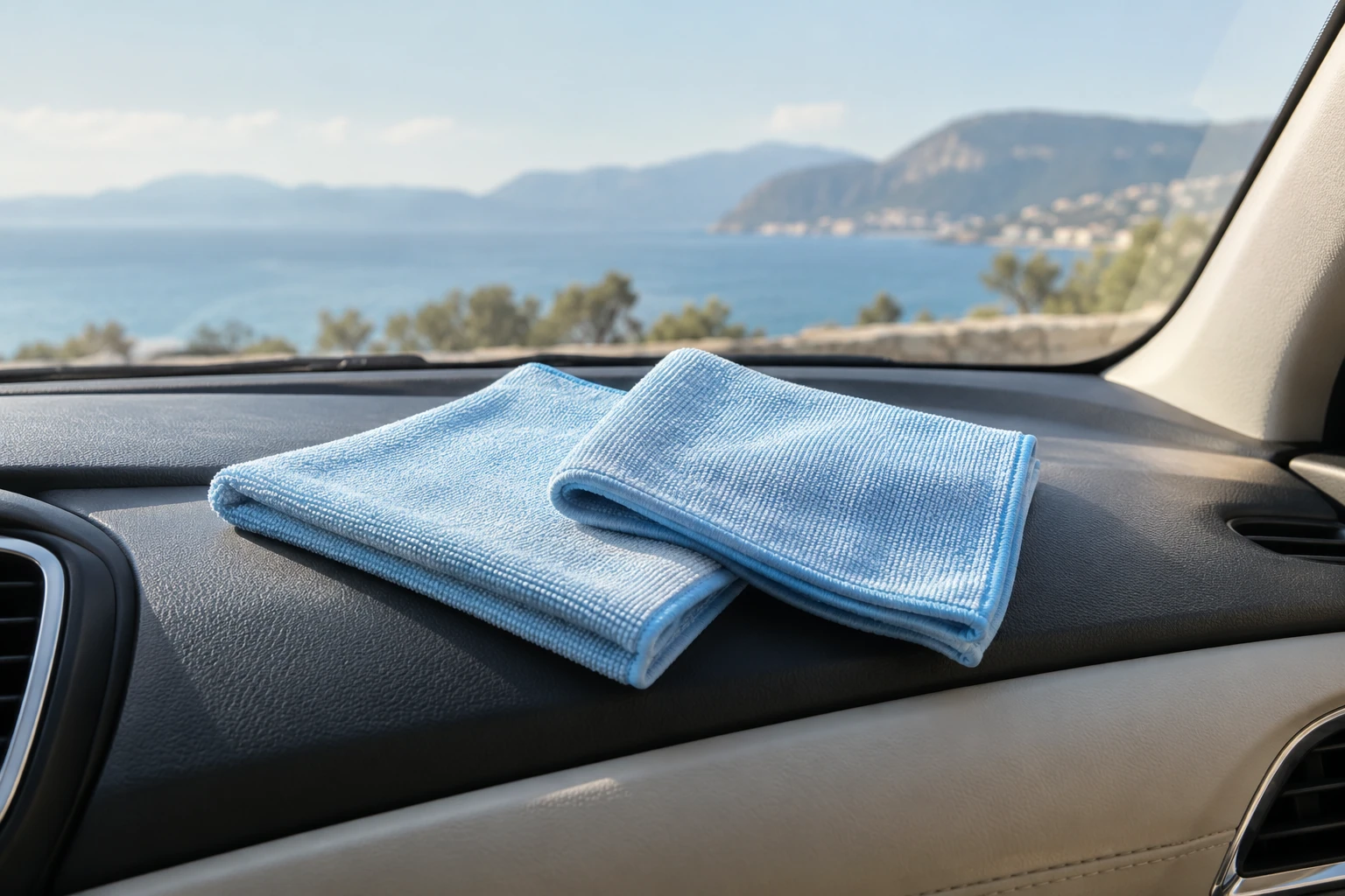 Deux microfibres bleues posées sur la planche de bord, vue sur mer