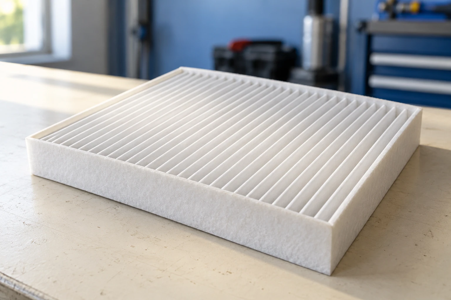 Filtre habitacle neuf blanc rectangulaire à plis posé sur un établi dans un atelier