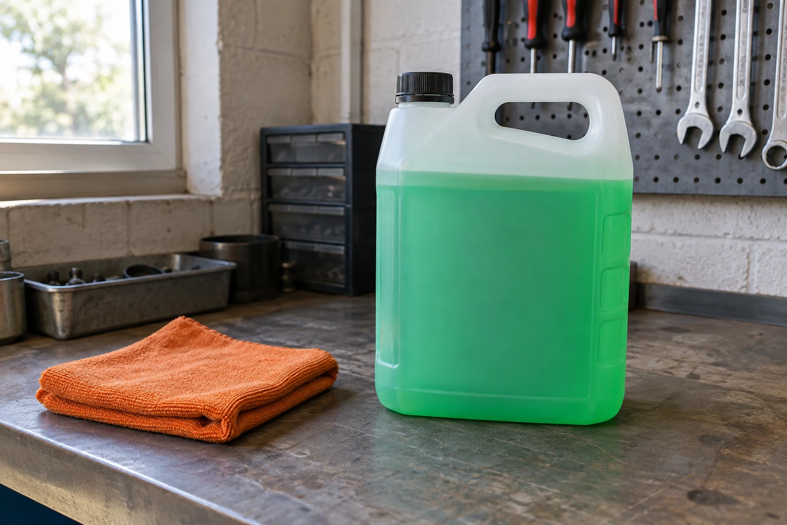 Bidon transparent rempli de liquide de refroidissement vert posé sur établi d'atelier